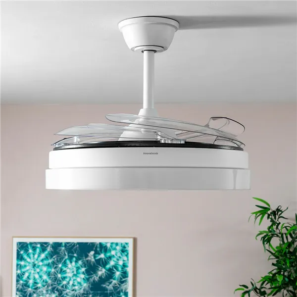 LED-valguse ja 4 sissetõmmatavate labadega lae ventilaator Keteez InnovaGoods Valge 72 W Ø49-104 cm