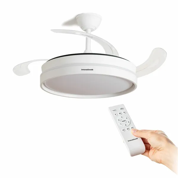 LED-valguse ja 4 sissetõmmatavate labadega lae ventilaator Keteez InnovaGoods Valge 72 W Ø49-104 cm