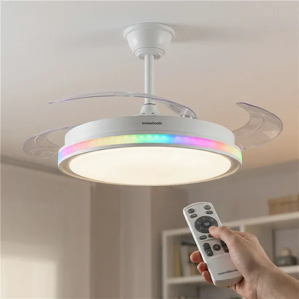 Laeventilaator RGB LED-valgustiga, 4 kokkukäivast labast ja kaugjuhtimispuldiga InnovaGoods
