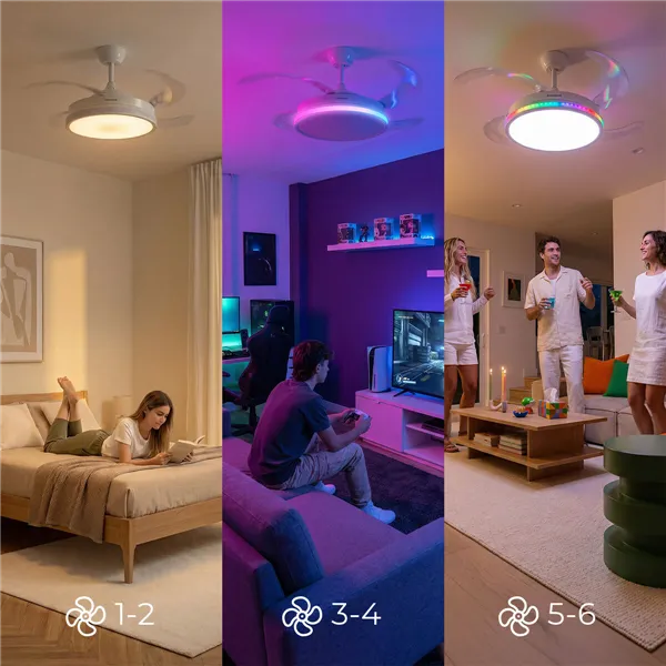 Laeventilaator RGB LED-valgustiga, 4 kokkukäivast labast ja kaugjuhtimispuldiga InnovaGoods
