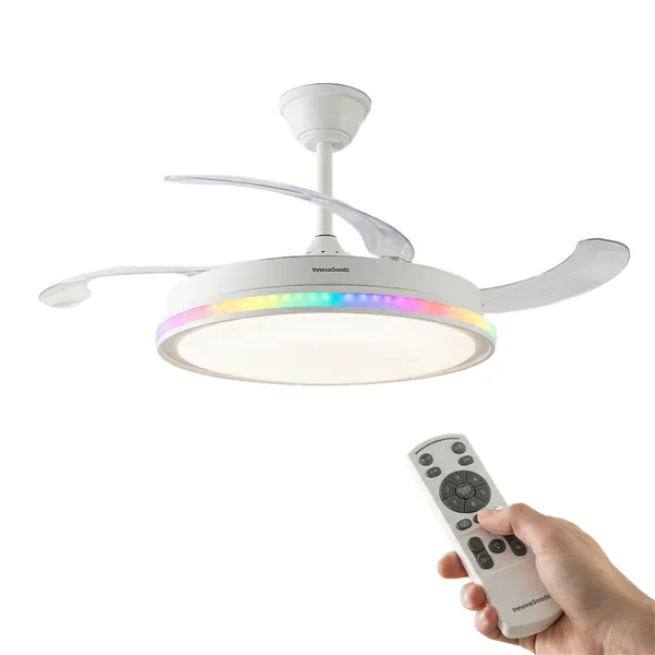 Lubų ventiliatorius su RGB LED šviesa, 4 įtraukiamais sparnais ir nuotolinio valdymo pulteliu InnovaGoods