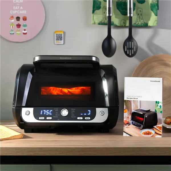 Oro gruzdintuvė su grotelėmis, priedais ir receptų knyga InnovaGoods Fryinn 12-in-1 6000 Juoda Plienas 3400 W 6 L